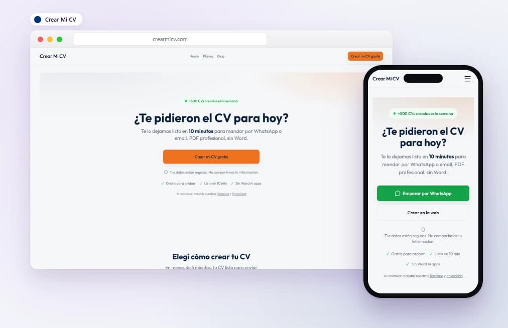 Vista previa de cliente Crear Mi CV en PC y celular